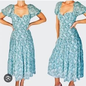 Astr Blue Floral Midi Dress Drop Waist Pufd Sleeve‎ Green Floral